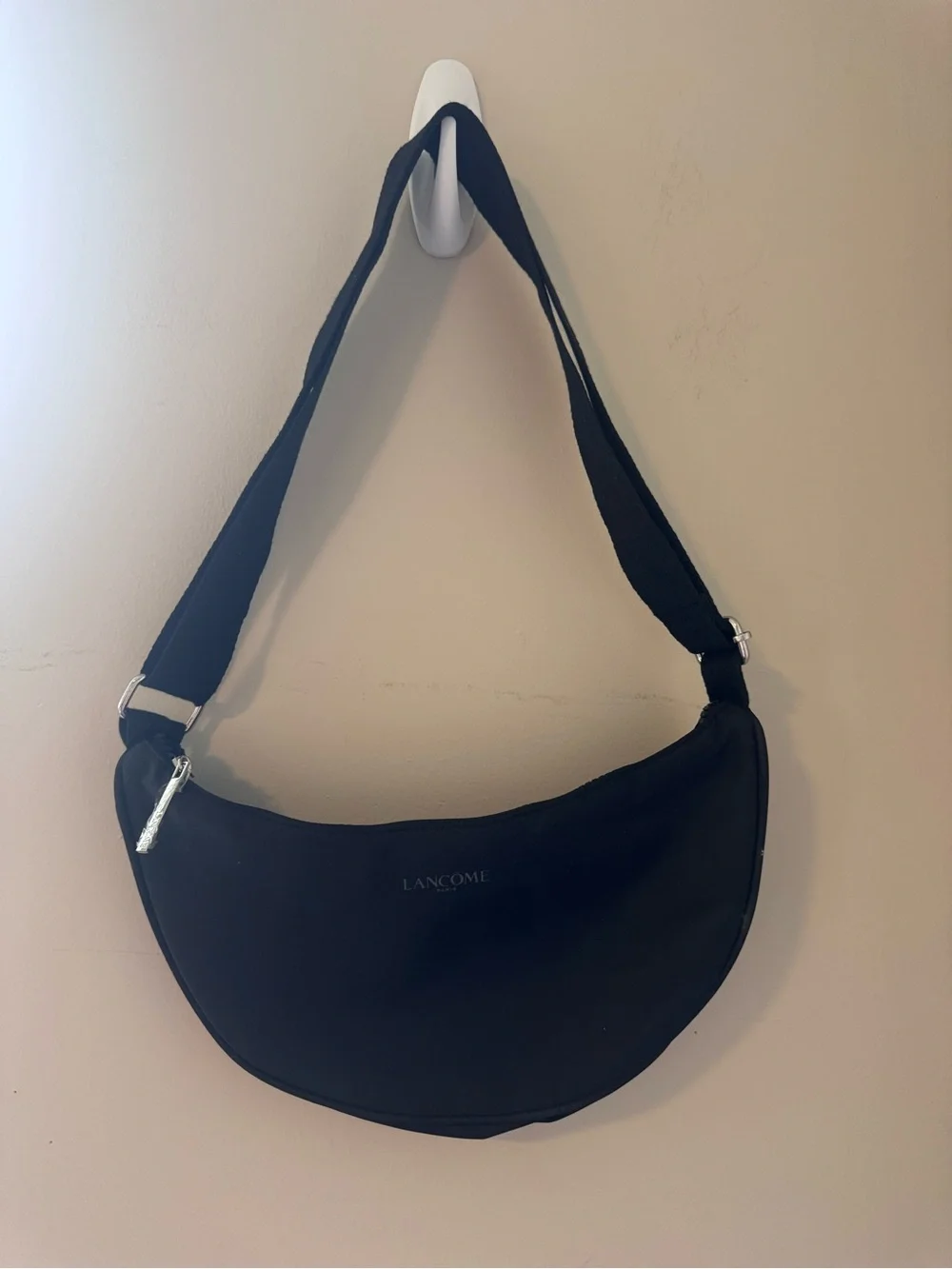 NWOT Lancome Black Nylon Crescent Crossbody Bag Half Moon Adjustable Strap Hobo